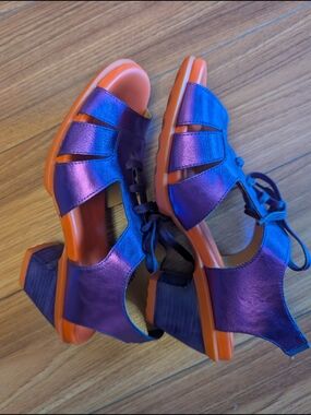 John Fluevog Iridescent Purple Lace-Up Heels with Bright Orange Soles